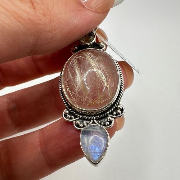 NWT Rutilated Quartz and Moonstone in solid sterling Bali silver pendant! - Picture 8 of 15